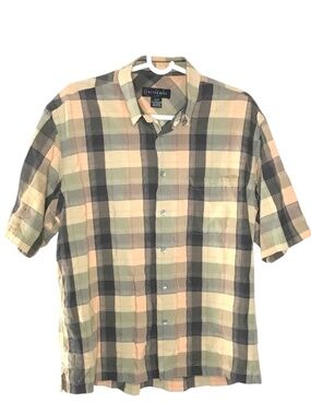 Cotton Reel 100% Cotton Plaid Button Up Shirt Sage Green Tan Men's Medium